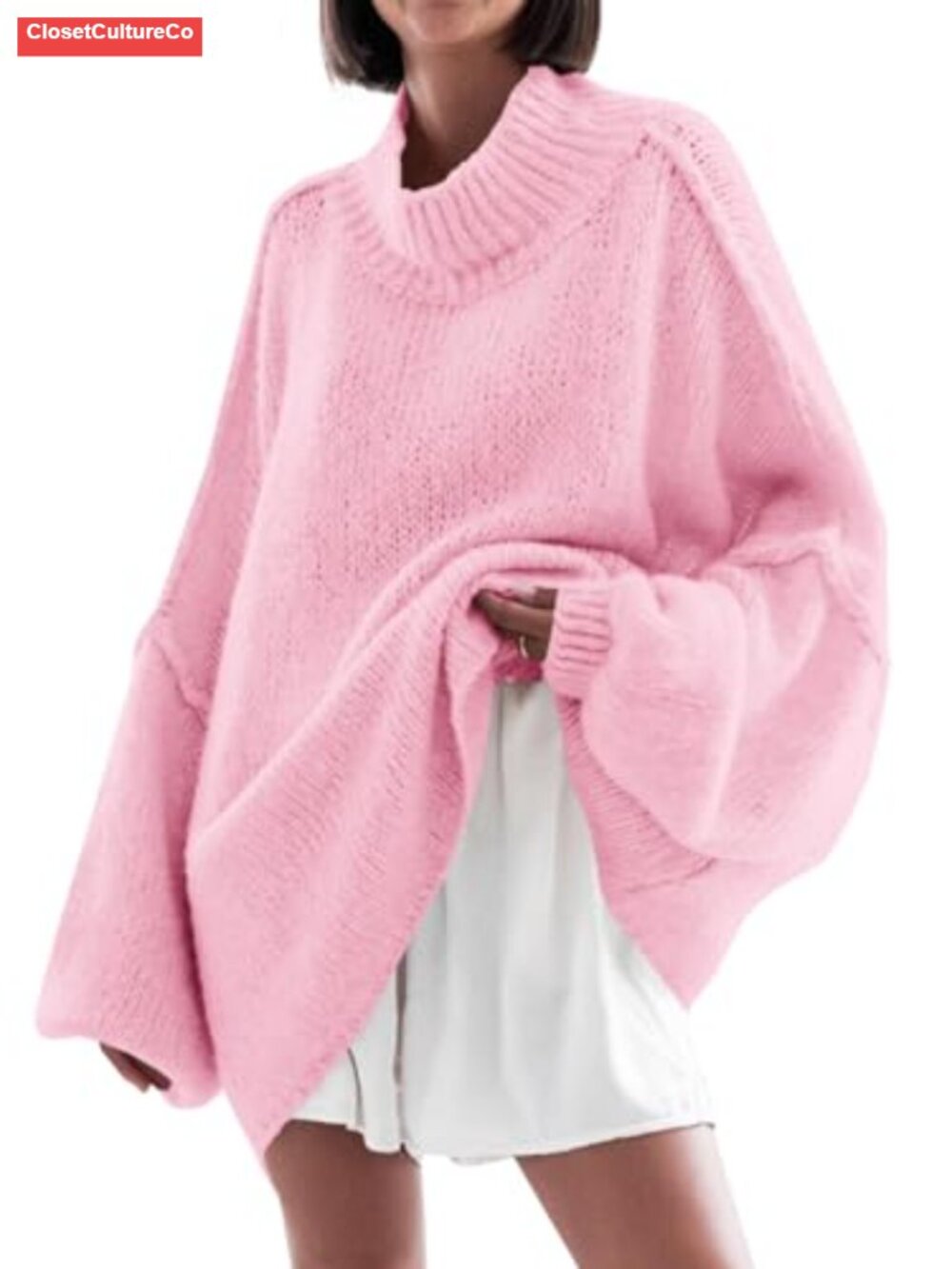 Oversized Mock Neck Tunic Sweater Women Chunky Ribbed Knit Pullover